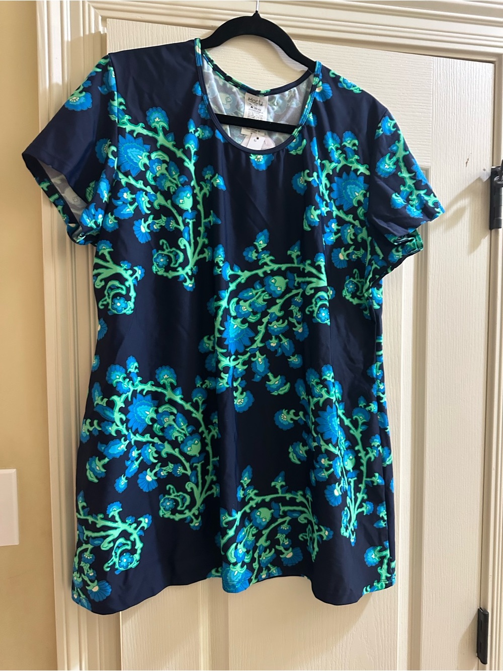 Anna Navy Short-SleeveSwim Tunic Tee with Blue-Green Floral Scrolls